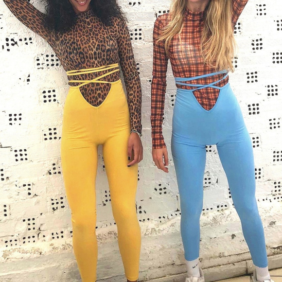 Blue Retro Tie Strap High Waist Leggings - Picture 6 of 7